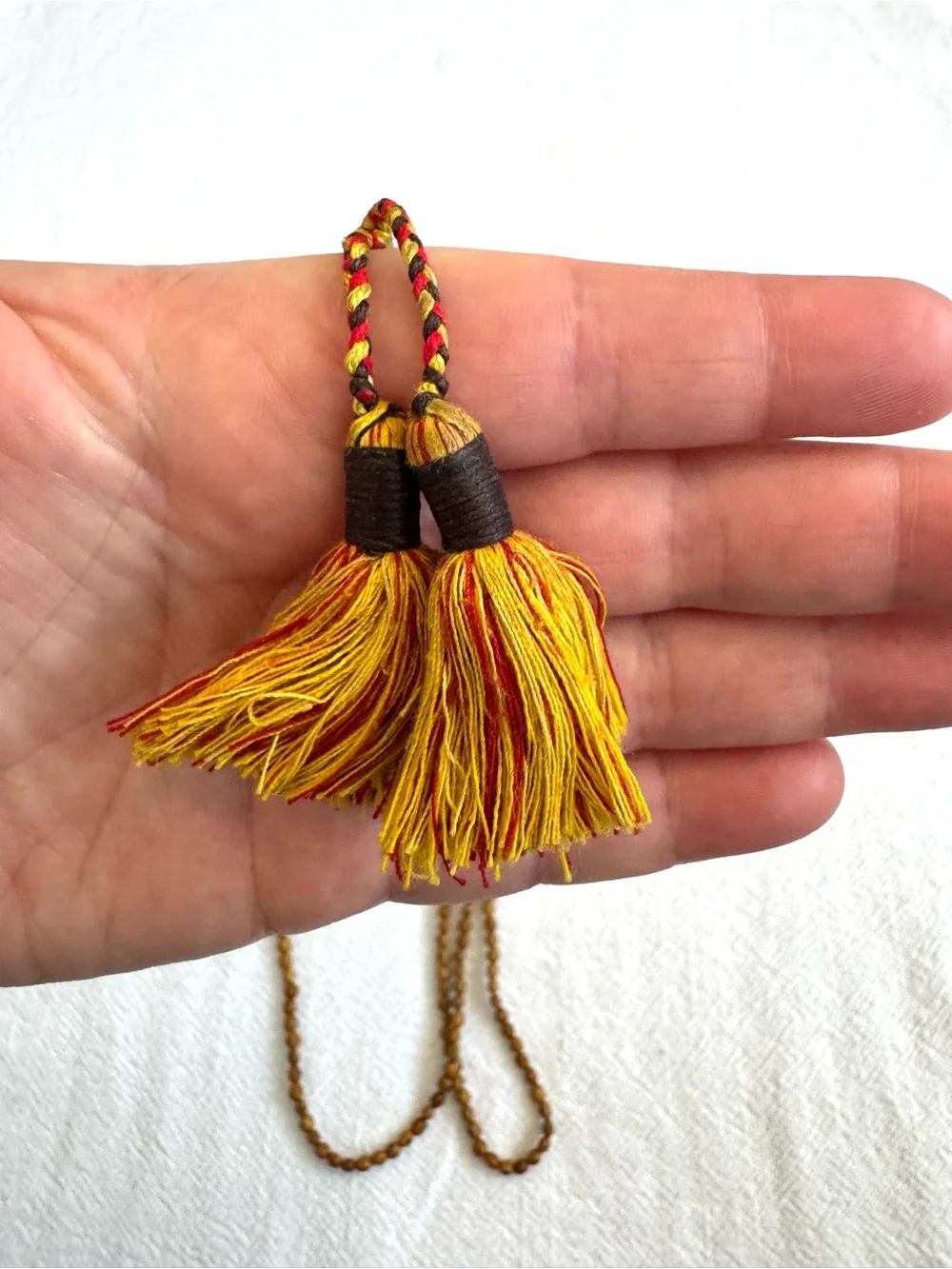 Meditation Beads: Knotted Chord with Small Beaded Sections and Tassels.